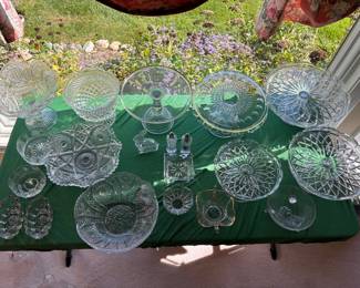 Beautiful crystal cake dishes, candy dishes, salt and pepper shaker and flatware holders