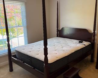 Vintage traditional carved mahogany four-poster queen bed with "like new" mattress