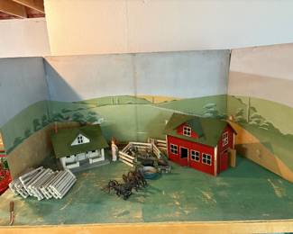 Hand made model farm with animal, fencing and backdrop