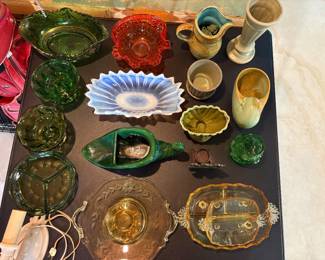 beautiful colored glass candy and serving dishes in so many colors!
