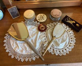 vintage mid-century Hollywood Regency gold-plated vanity table accessories