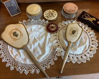 vintage mid-century Hollywood Regency gold-plated vanity table accessories