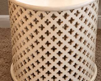 Cream Lattice Side Table with Brass Lamp