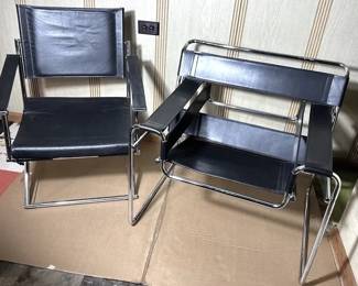 Chrome, Leather. Arm Chairs, Euroka And Wassily Style, Vintage