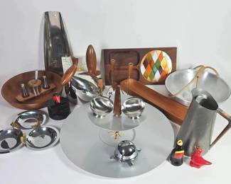 Danish, MidCentury Modern Wood And Silver Toned Serveware