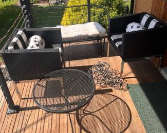 Vintage Glider, Two Wicker Chairs, Metal Table Art Piece