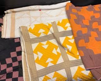 Four Antique Handmade Quilts OrangeBrownBeige