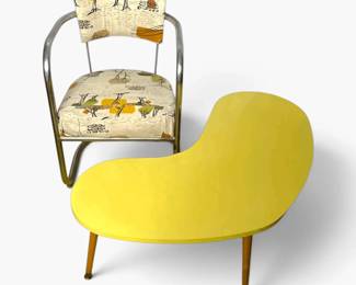 MidCentury Tubular Chrome Upholstered Chair And Kidney Shaped Coffee Table