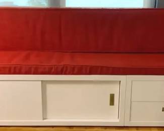 Two Low White Cabinets Fitted with Custom Seat Cushions