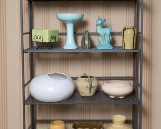 Art Pottery Featuring 1940s Nelson McCoy Bud Tray with Shelving Unit
