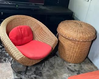 Round Wicker Swivel Armchair On Chrome Base, Large Storage Basket