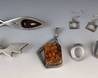 Sterling Modernist Amber Pendant, Brooches And Earrings