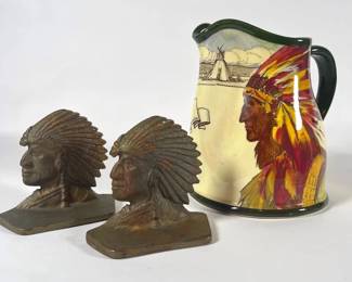 Royal Doulton Hiawatha Pitcher, Brass Indian Chief Bookends