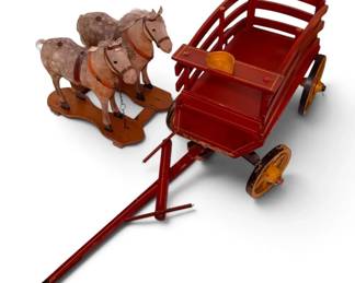Vintage American Salesman Hay Wagon With Carved Horses