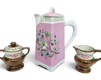 Antique Floral Chocolate Pot  Copper Luster Sugar  Creamer