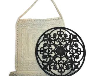 OffWhite Needlepoint Woven Textile  Brown Iron Floral BohemianStyle Wall Decor
