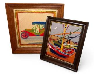 Set Of Framed Needlepoint Wall Art Vintage Car  Boat