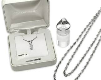 Sterling Silver Diamond Pendant, Necklace,  Art Deco Ring 27g