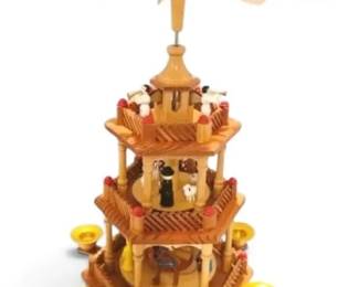 Vintage German Wooden Christmas Pyramid Candle Carousel With Box