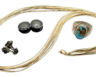 Sterling Silver Liquid Beaded Necklace, Turquoise Ring,  More 30.19g