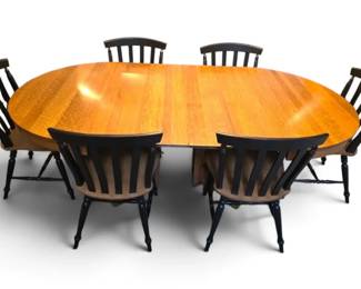 Oak Dining Table With Extra Leaf  6 Black And Wood Chairs
