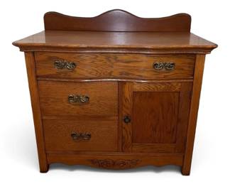 Antique Carved Oak Washstand Cabinet