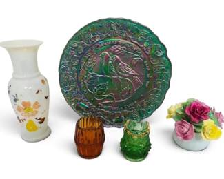 Imperial Carnival Glass 2 Turtle Doves Plate, Bone China Roses  More