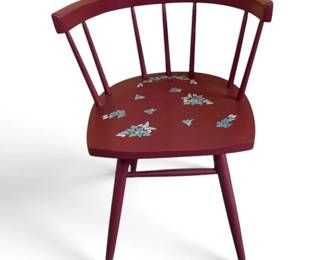 MCM Spindleback Maroon Painted Wood Chair With Ivy  Monarchs
