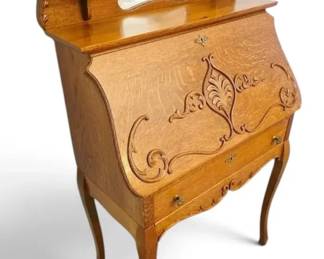 Antique Carved Oak Secretary Desk With Mirror  Brass Hardware