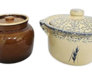 Roseville Pottery Blue Spongeware 7 Stoneware Crock  Brown 2 Lidded Crock
