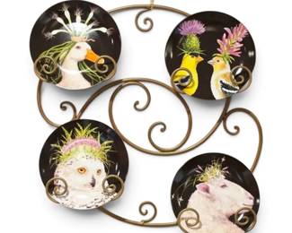 Vicki Sawyer Wild  Wooly Plates With Metal Scroll Wall Plate Rack