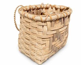 Handwoven Twill Splint Basket with Lashed Hoop Rim and Cord Loop