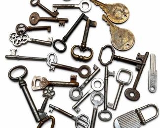 25 Assorted Keys, Mostly Skeleton Keys, Plus a Ribbed Keychain
