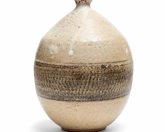 Studio Stoneware Bottle Vase Signed Tiela, Red-Glazed Neck, Chattered Band