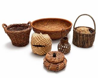 Tarahumara Double-Weave Lidded Basket, Pine Needle Basket and Five More