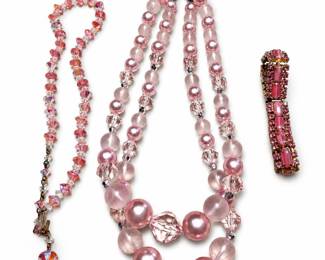Vintage Pink AB Crystal and Faux Pearl Necklaces, Cat's-Eye Rhinestone Bracelet