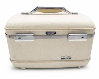 American Tourister Tiara Train Case, 1960s Cream Vinyl with Blue Brocade Lining