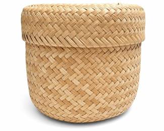 Hand-Plaited Palm Leaf Basket with Spiral Lid, Herringbone Weave