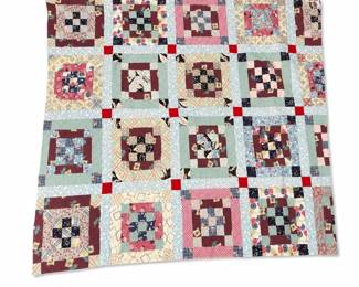 Vintage Framed Nine-Patch Quilt with Blue Sashing and Red Cornerstones
