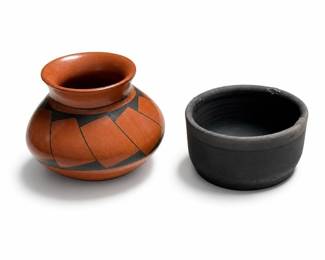 Miguel Lopez Mata Ortiz Black-on-Red Pottery Jar and Unsigned Black Clay Bowl
