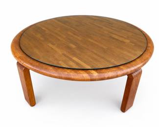 Solid Teak Round Coffee Table with Butcher-Block Top and Finger-Jointed Legs