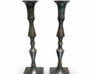 Pair of Baluster Candlesticks on Square Footed Bases, Dark Patina