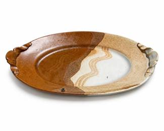 Pat Seaborn Signed Studio Stoneware Oval Platter with Ruffled Handles