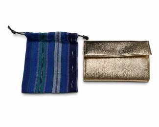Rose Gold Metallic Flap Wallet and Blue Striped Woven Drawstring Pouch