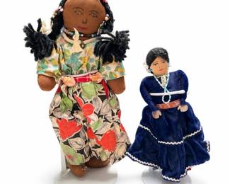 Cloth Doll in Navajo Velveteen Dress and Handmade Rag Doll, on Stands