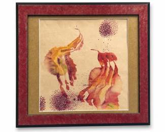 Abstract Watercolor of Flowing Red and Yellow Forms with Stippled Dots, Framed