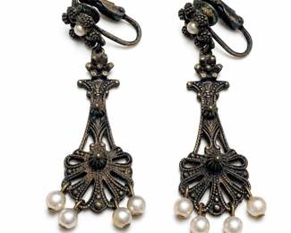 Victorian Revival Brass Filigree Clip-On Earrings with Faux Pearl Drops