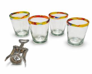 Four Hand-Blown Mexican Confetti Rim Glass Tumblers and Italian Wing Corkscrew