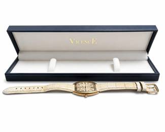 Vicence Milor 14K Gold Tonneau Quartz Watch, Guilloche Dial, Cream Strap, Box