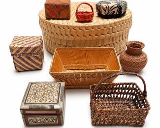 Tarahumara Olla Basket, Egyptian Mother-of-Pearl Box, 7 More Baskets and Boxes